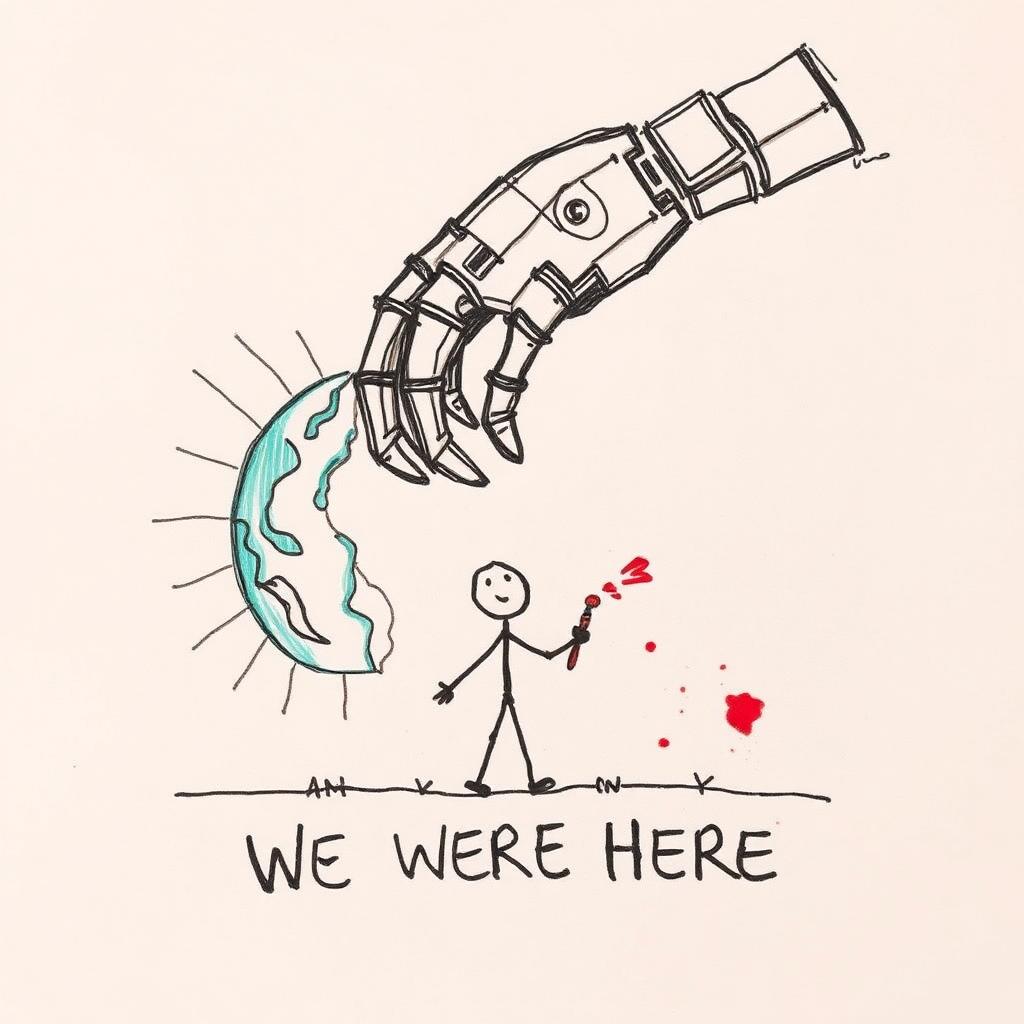 robot hand looming over stick figure human painting we were here